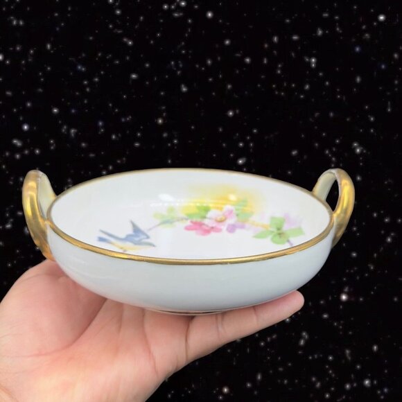 Hand Painted Nippon Fine Porcelain Dish Bowl Flower Bird Two Handled Vintage - Picture 9 of 14